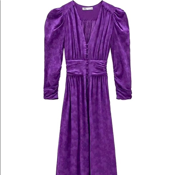 ZARA JACQUARD PUFF SLEEVE MIDI DRESS - Picture 2 of 14